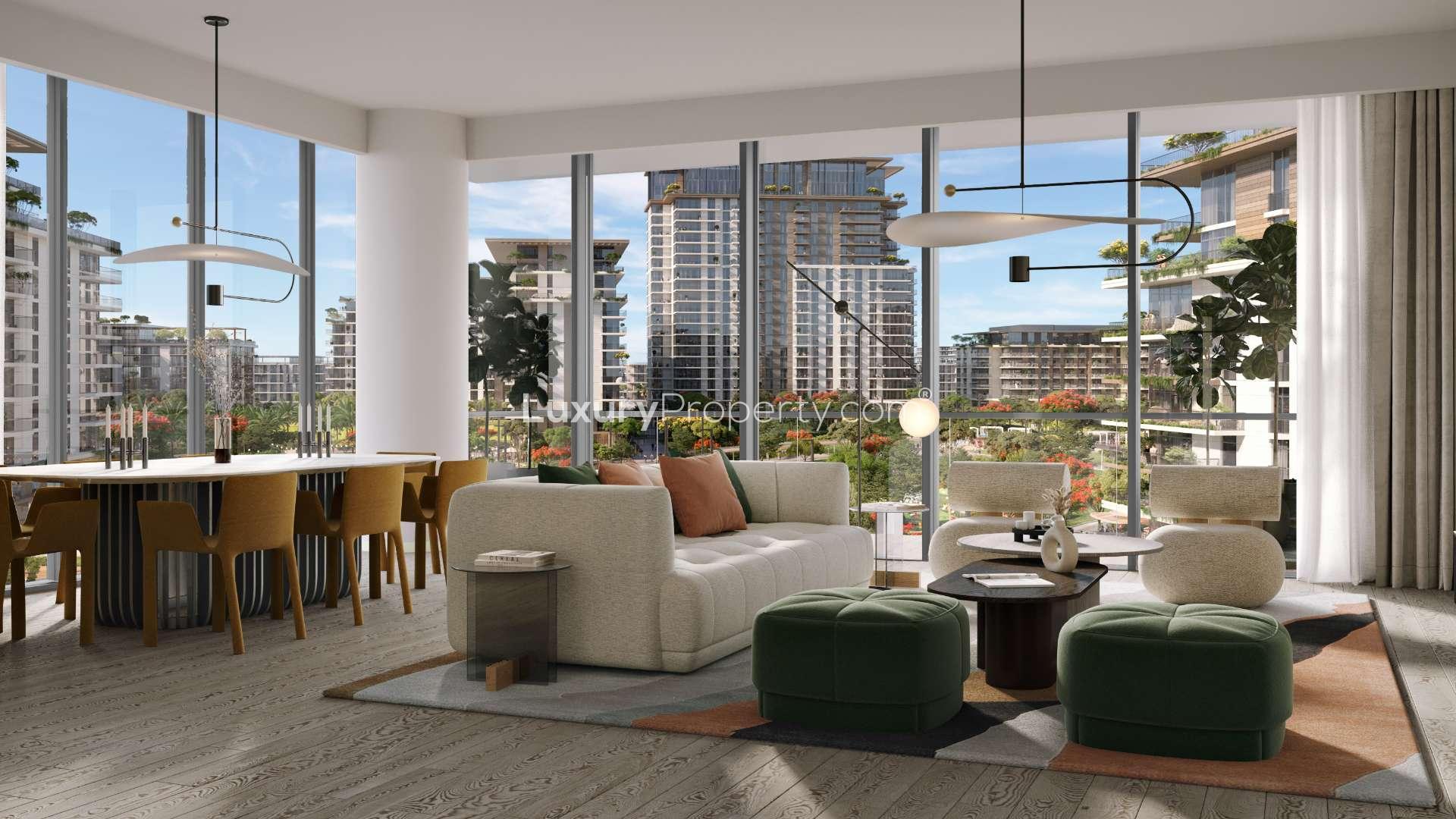 "Central Park at City Walk apartment building with vibrant street view at dusk.",Modern living room in two-bedroom apartment with park views, Central Park at City Walk