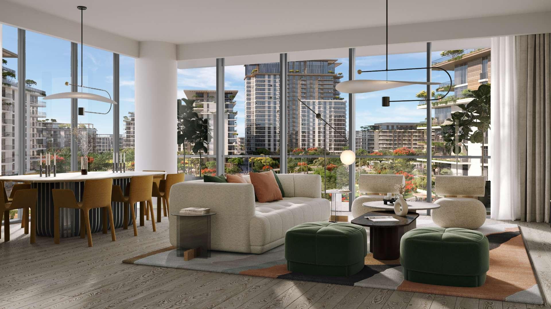 "Central Park at City Walk apartment building with vibrant street view at dusk.",Modern living room in two-bedroom apartment with park views, Central Park at City Walk