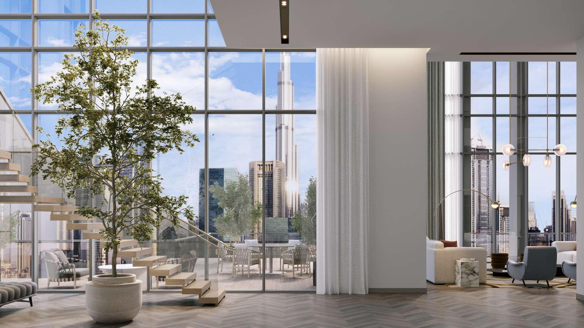 Central Park at City Walk apartment exterior with Burj Khalifa view, lush surroundings, vibrant community