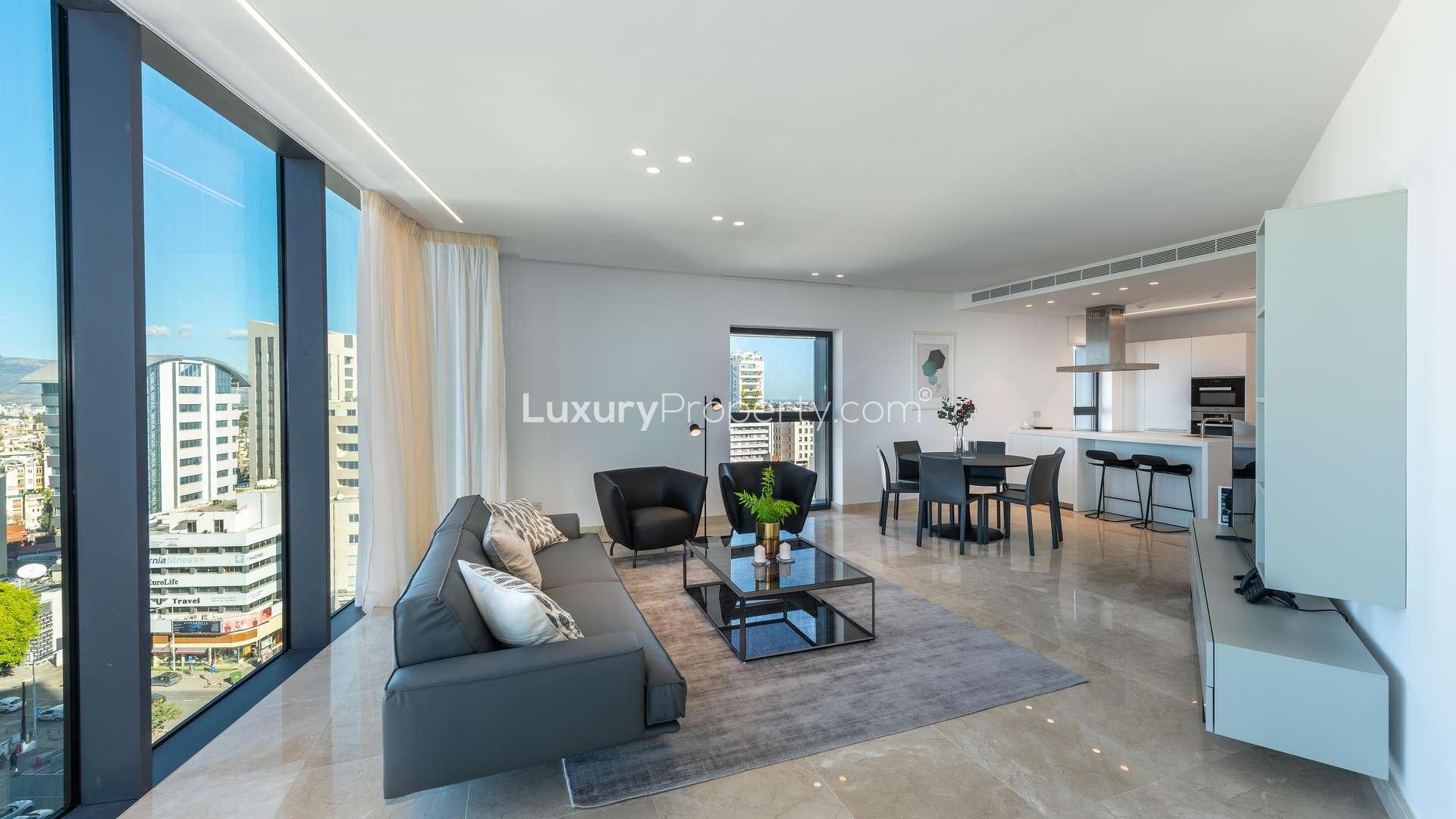 Modern living room in two-bedroom apartment, Central Park Residences, Nicosia, Cyprus, for sale