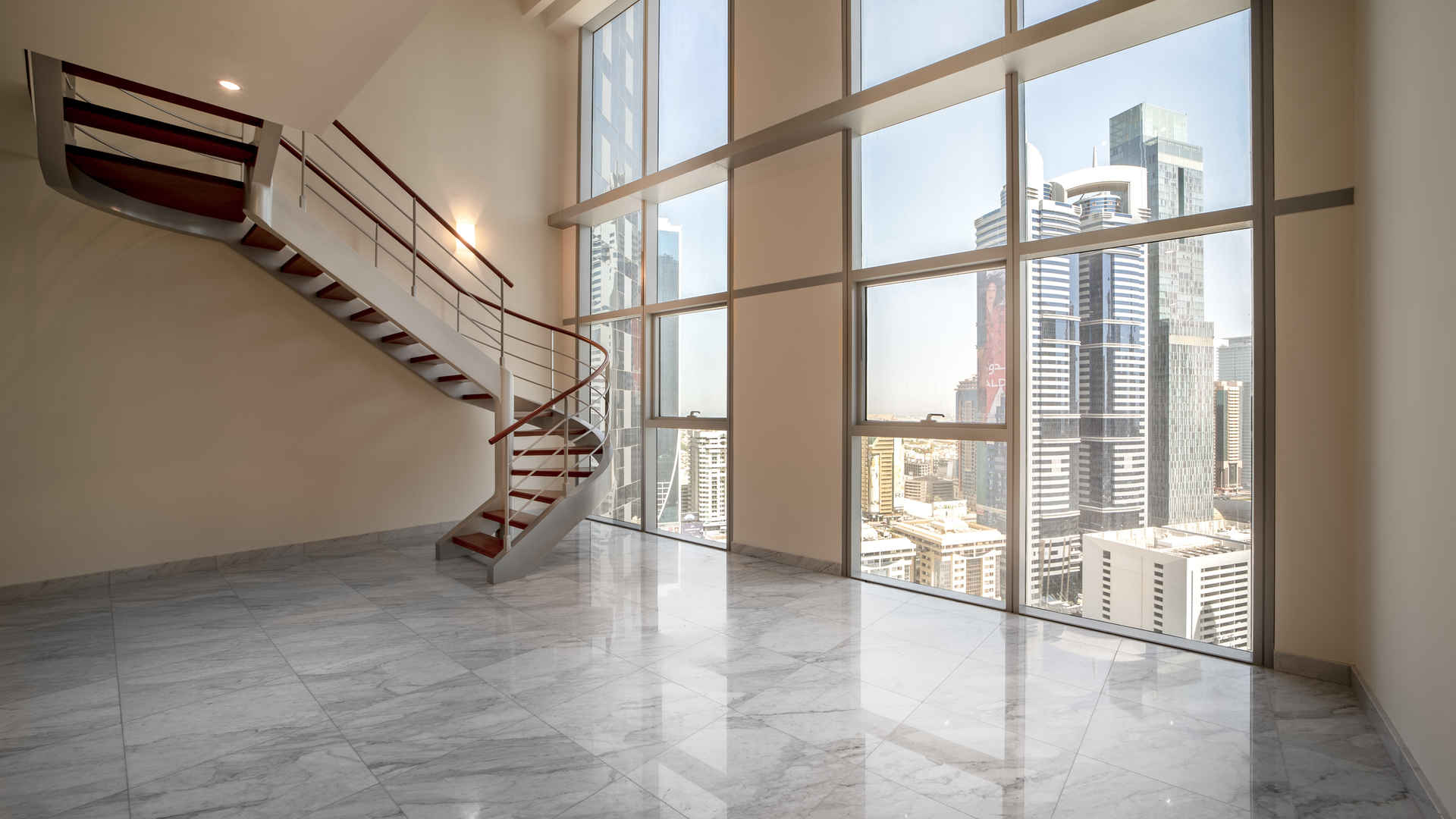 Modern kitchen in 2-bedroom duplex, Central Park Towers, DIFC, featuring wood cabinets and marble floors