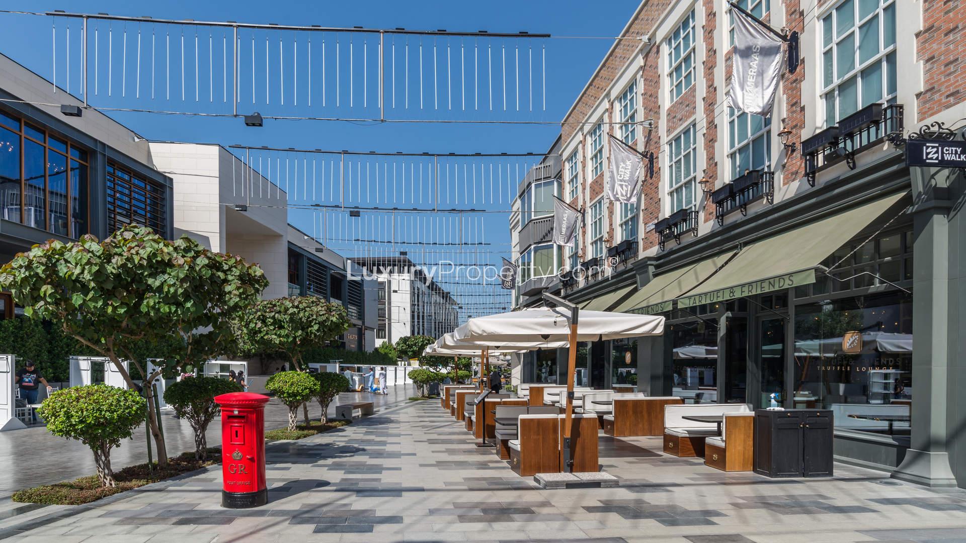 "Modern architecture of Building 1 at City Walk, Jumeirah, two-bedroom apartment for sale.",City Walk Jumeirah outdoor dining area near two-bedroom apartment for sale, Building 1