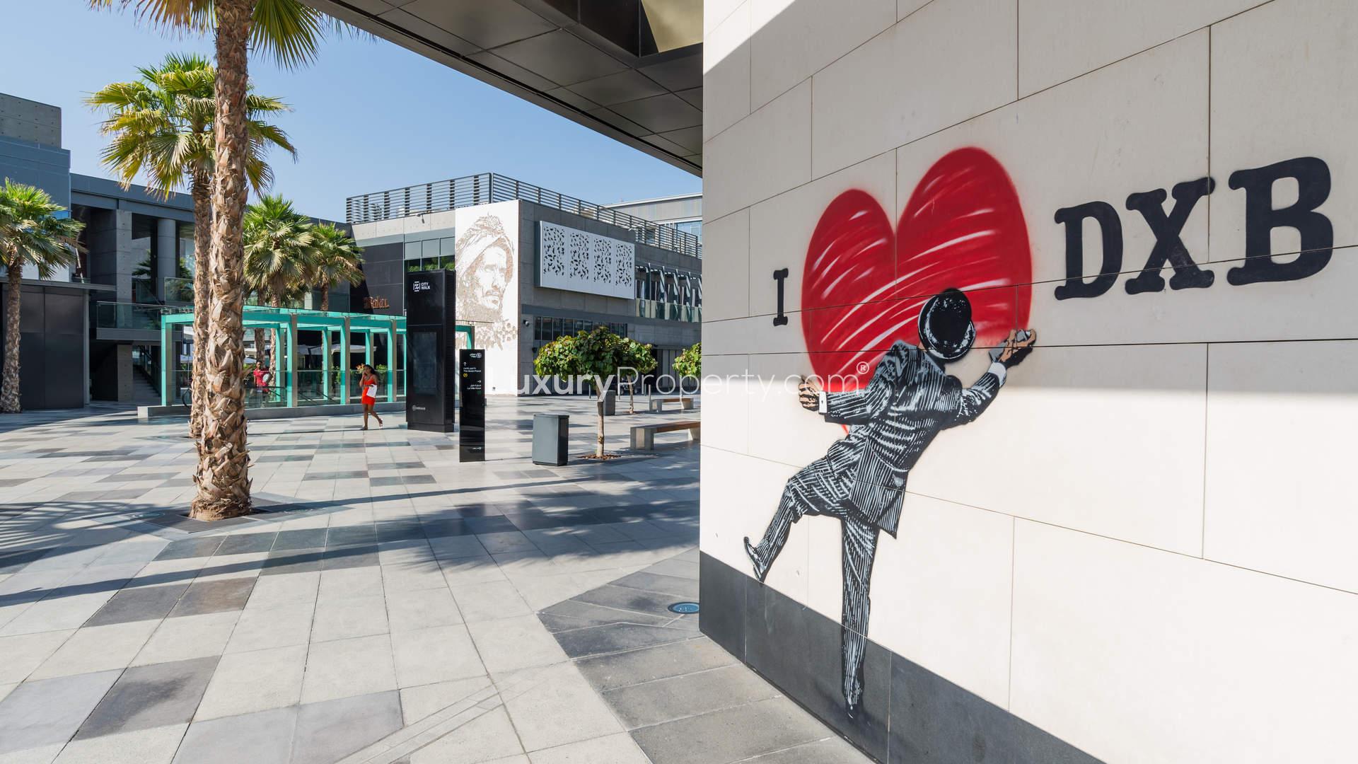 Modern architectural exterior of City Walk Building 1, Jumeirah, home to luxury apartments