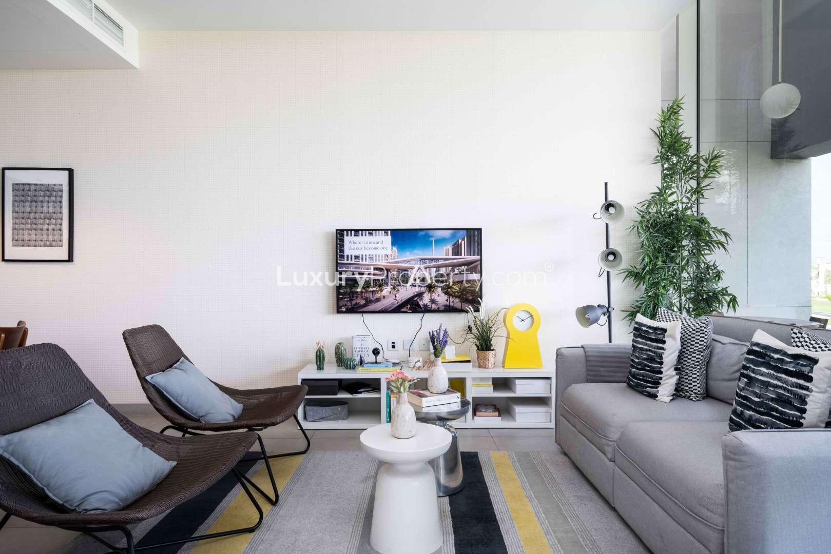Modern living room in 2-bedroom apartment, Collective 2.0, Dubai Hills Estate, for sale