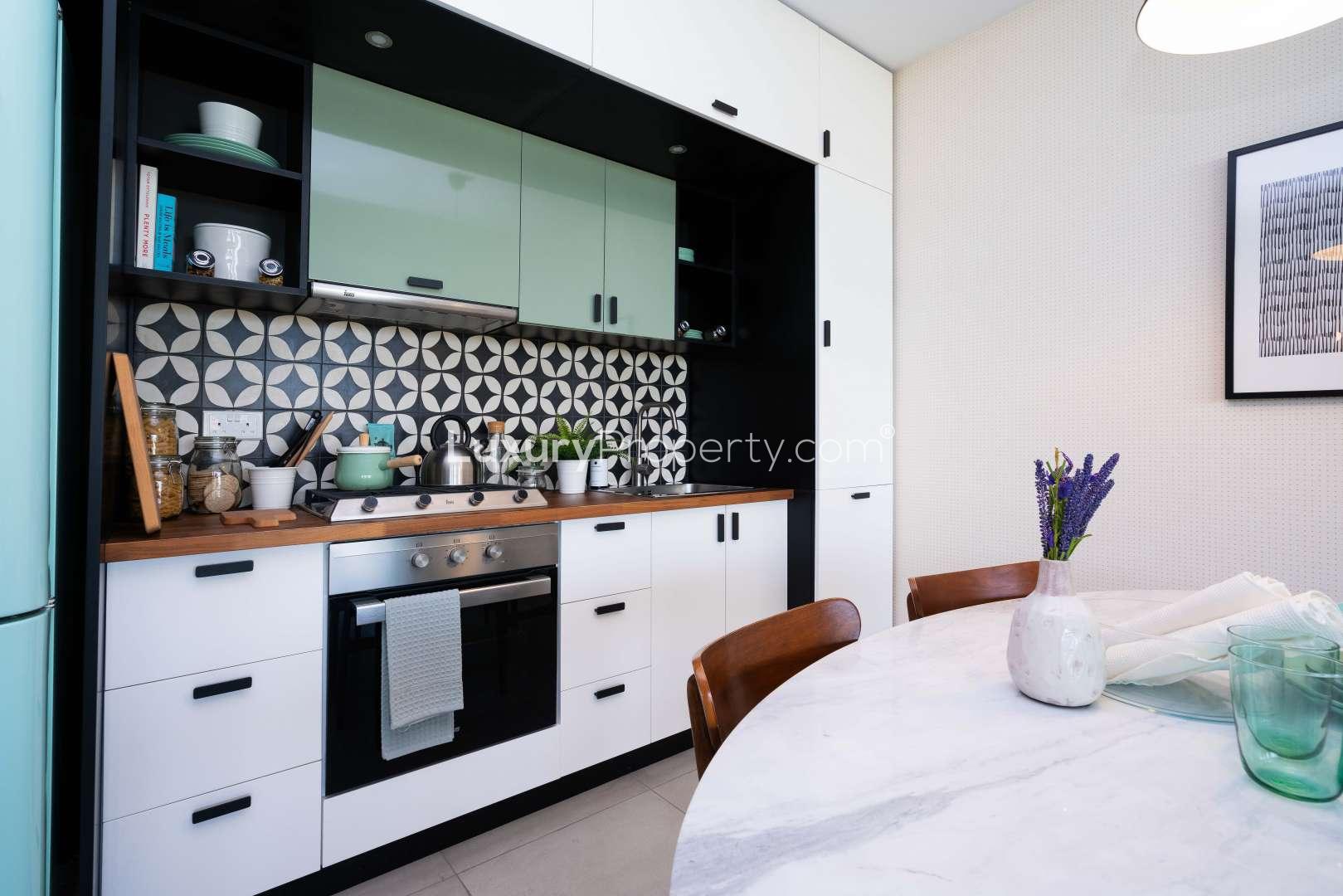 Modern kitchen in two-bedroom apartment, Dubai Hills Estate, Collective 2.0, stylish interior design