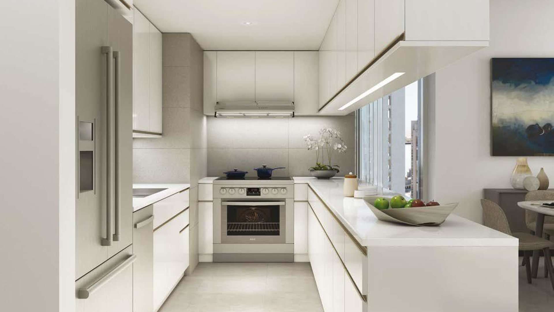 Modern living room with dining area and large windows in Creek Horizon apartment, Dubai Creek Harbour