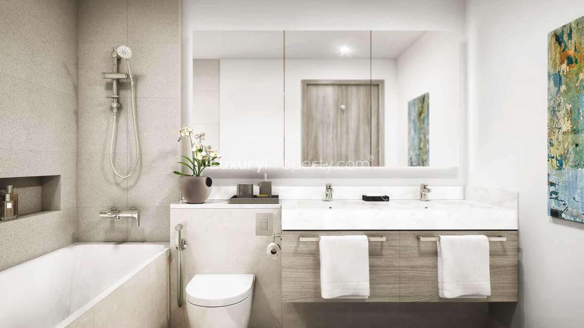 Modern bedroom with city view in Creek Horizon, Dubai Creek Harbour apartment for sale