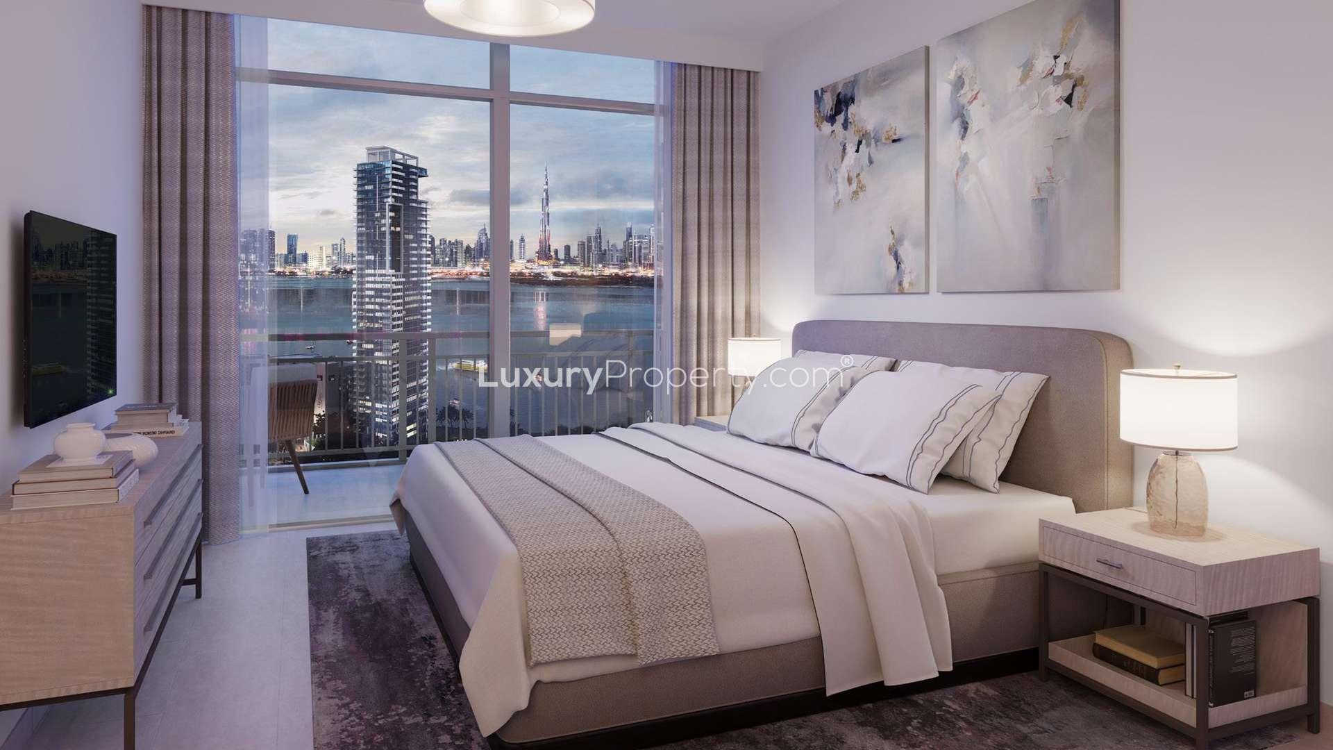 High floor apartment living room with water views, modern decor, Dubai Creek Harbour