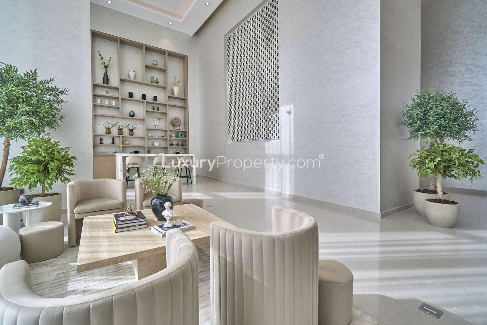 Infinity pool with cityscape view at Creekside 18, Dubai Creek Harbour apartment