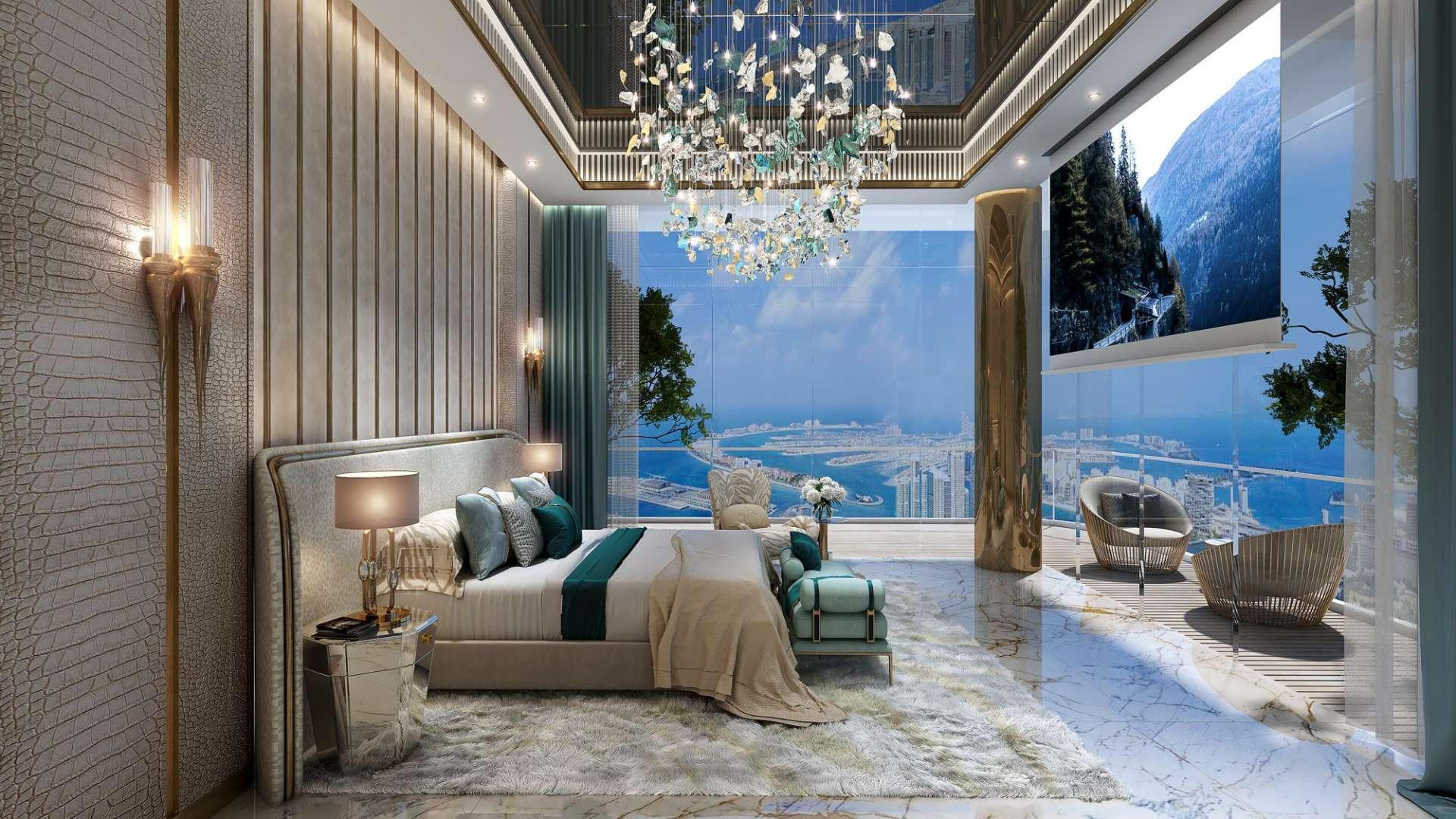 Luxurious bedroom in Cavalli-designed apartment with scenic Dubai Harbour views and elegant decor