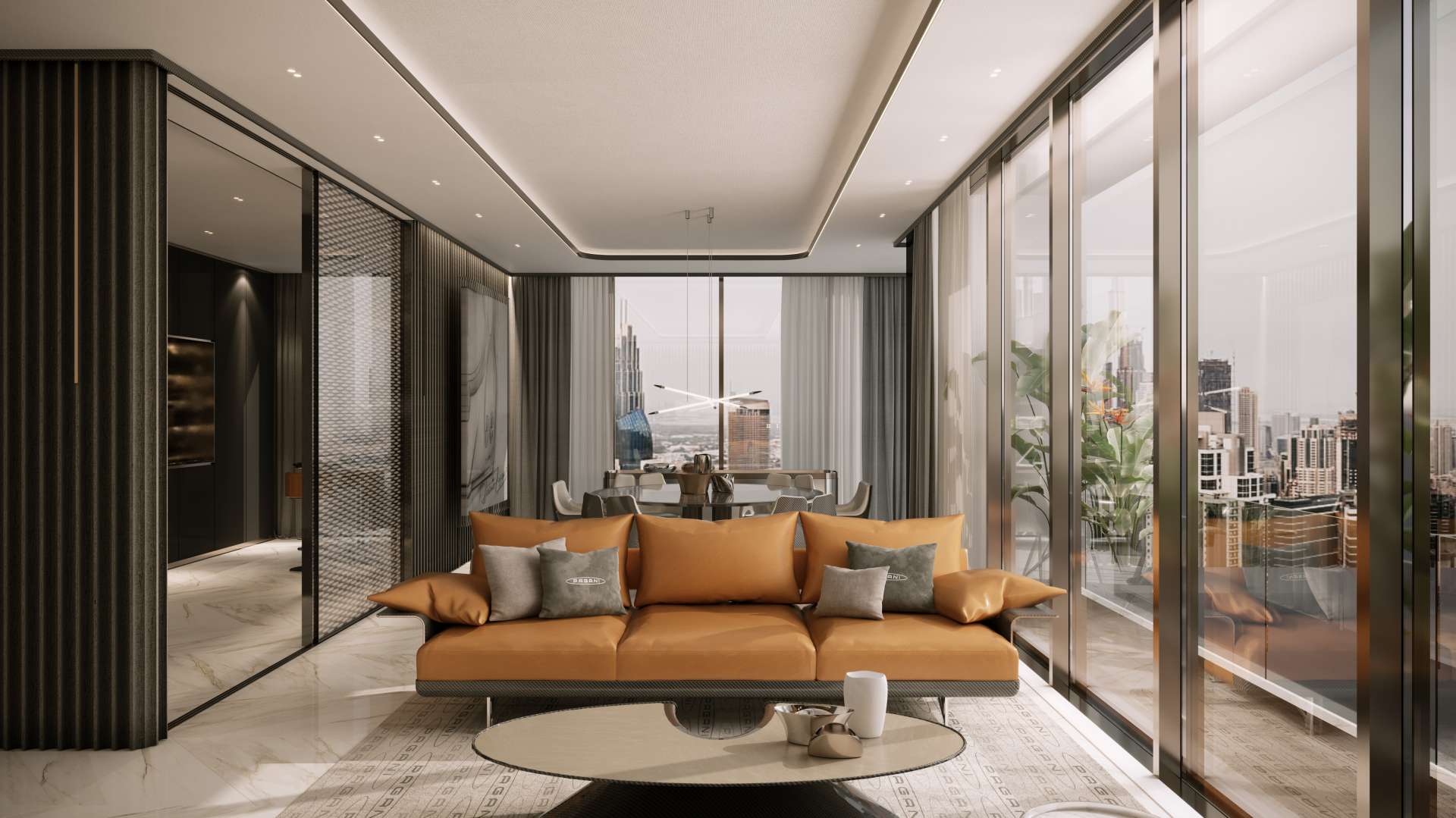 Da Vinci Tower in Business Bay, stunning waterfront view at dusk, luxury apartments for sale