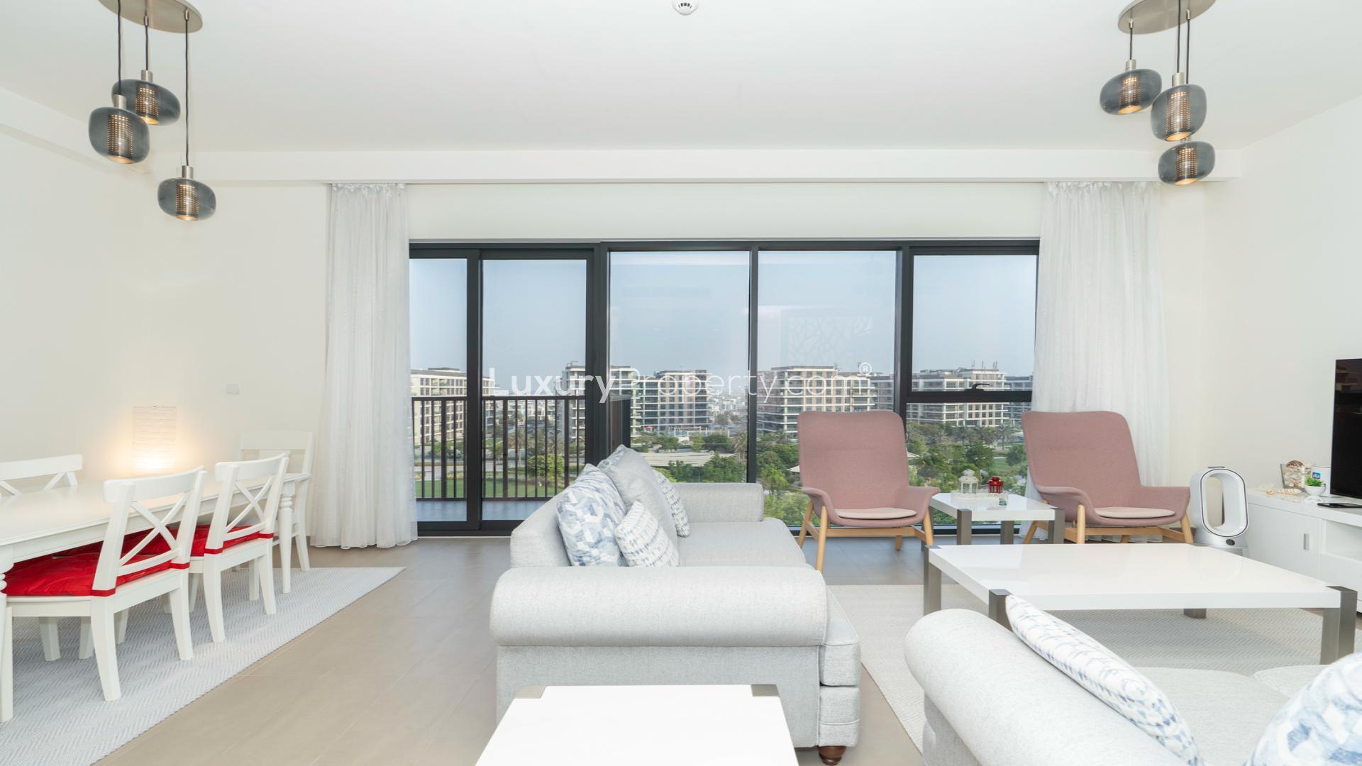 Dubai Hills Estate view, lush greenery, modern apartments, Executive Residences II, serene community setting