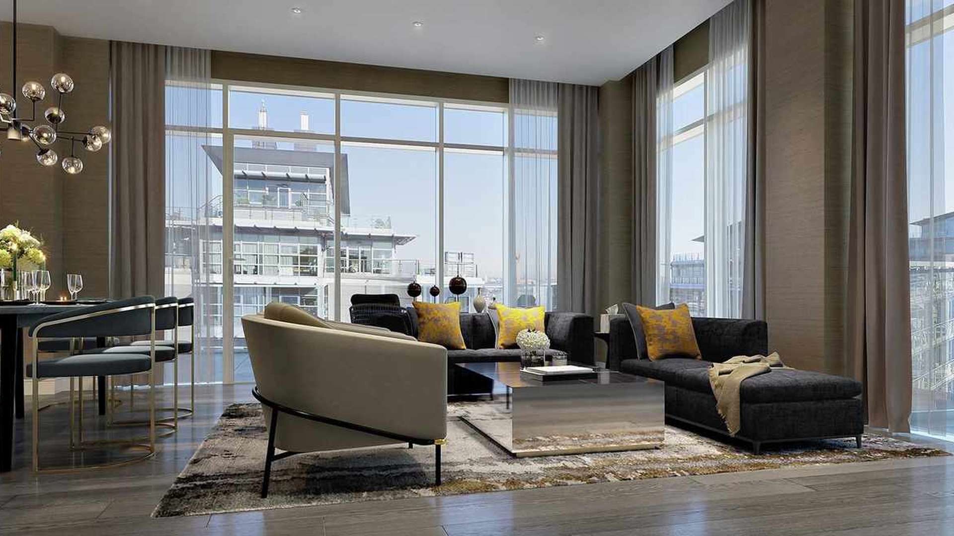 "Modern apartment building exterior in Discovery House, Battersea Reach, with lush surroundings.",Modern living room in Discovery House, Battersea Reach apartment with elegant decor and large windows
