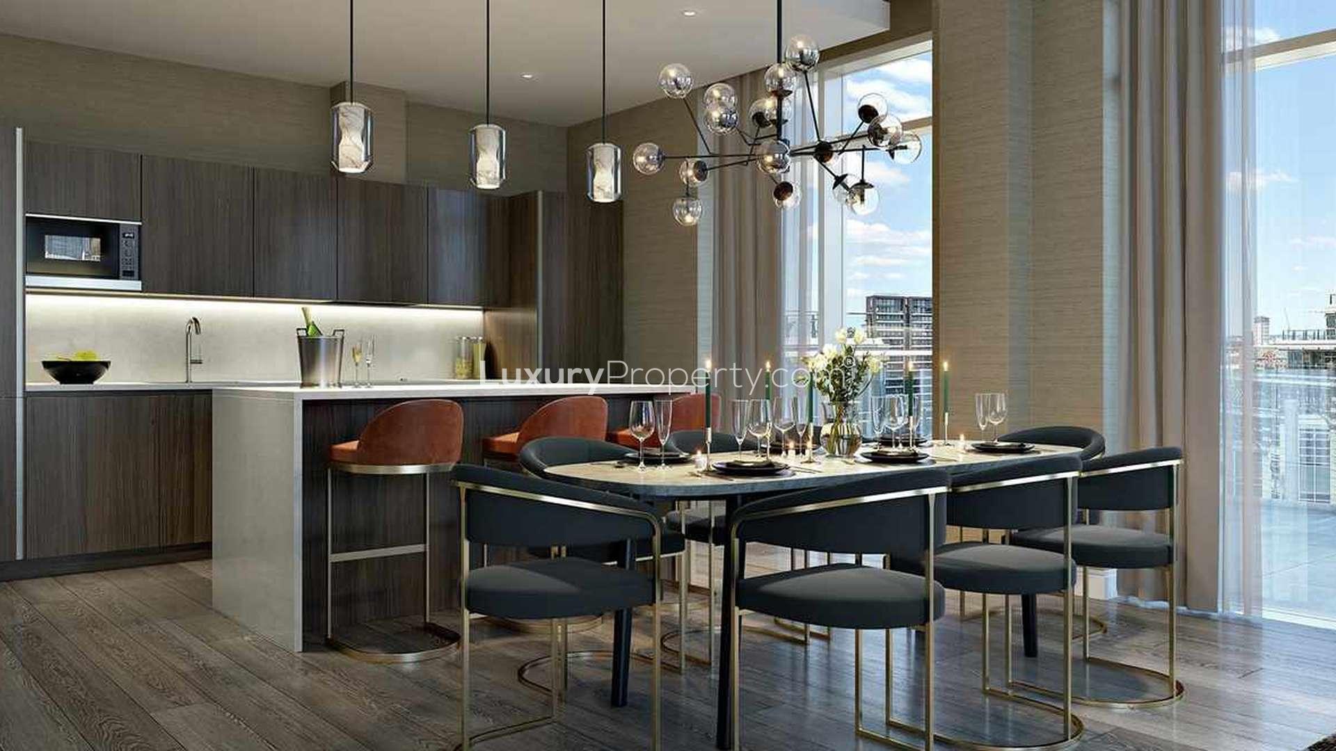 Modern kitchen and dining area in two-bedroom apartment, Discovery House, Battersea Reach
