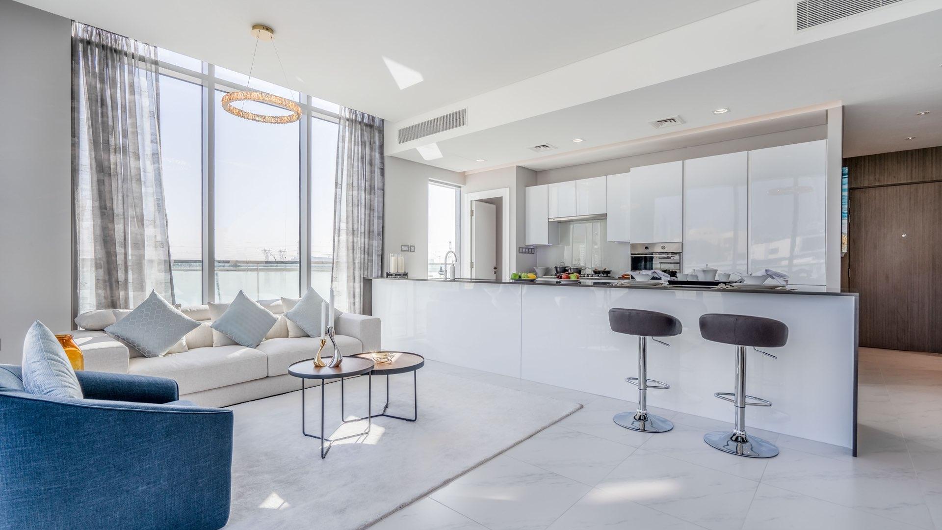 Modern living room in 2-bedroom apartment, lagoon views, District One, Mohammed Bin Rashid City