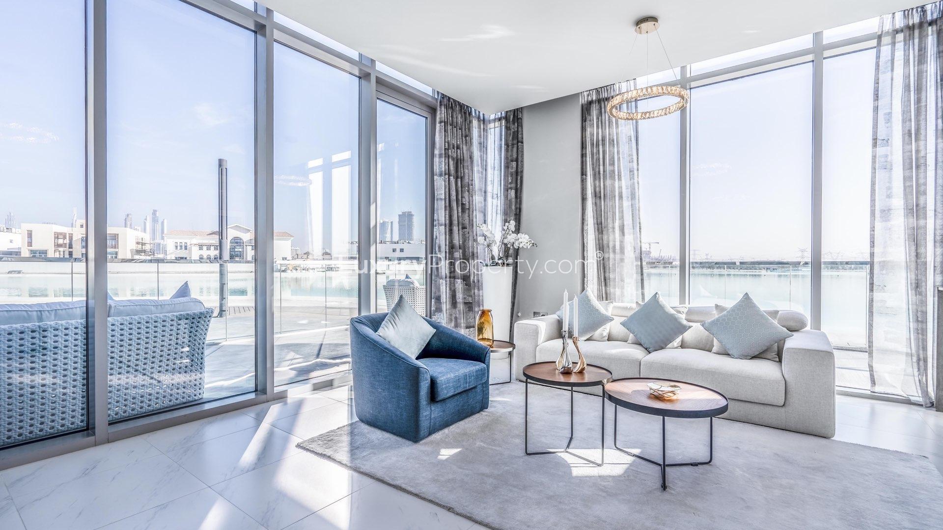 Modern living room and kitchen in 2-bedroom apartment, Mohammed Bin Rashid City, District One