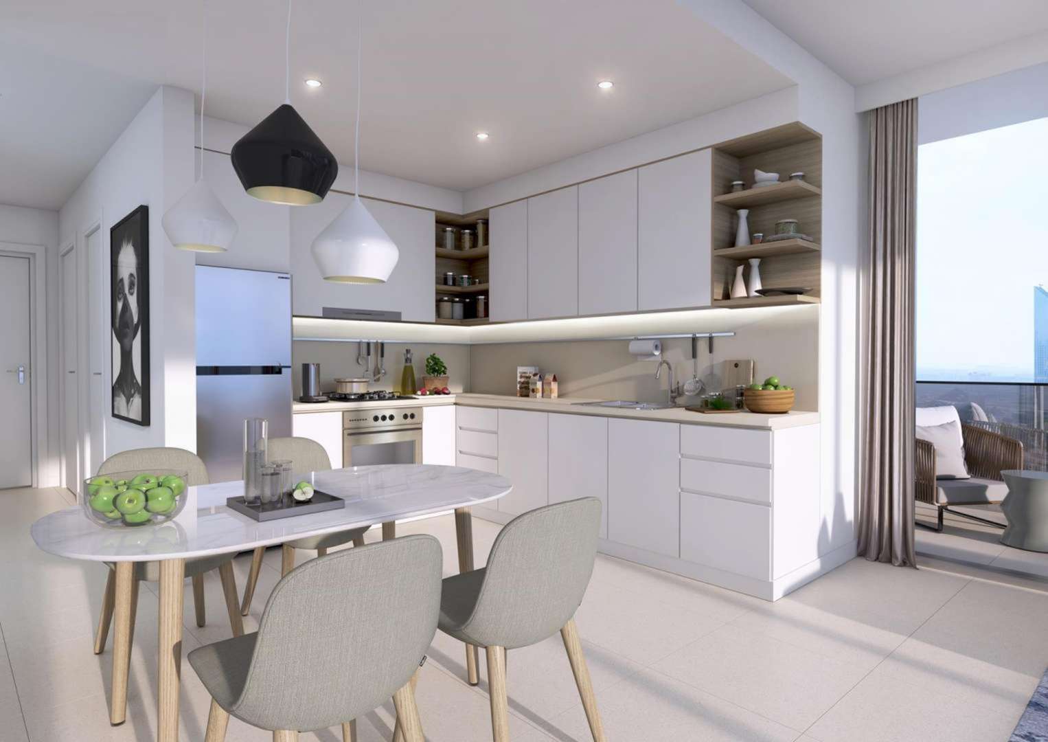 Modern bathroom in Downtown Dubai apartment with dual sinks, bathtub, and stylish decor