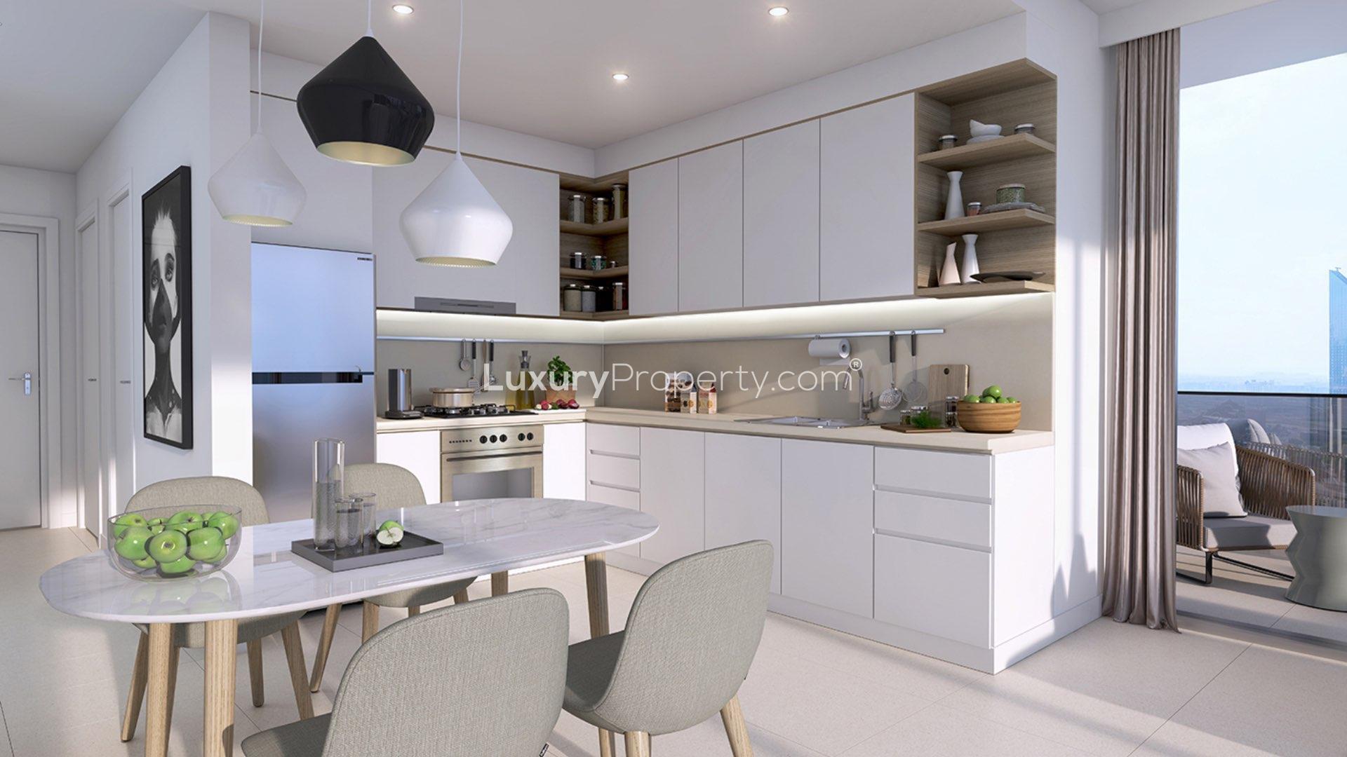 Luxurious Downtown Dubai apartment living room with stunning skyline views and modern decor