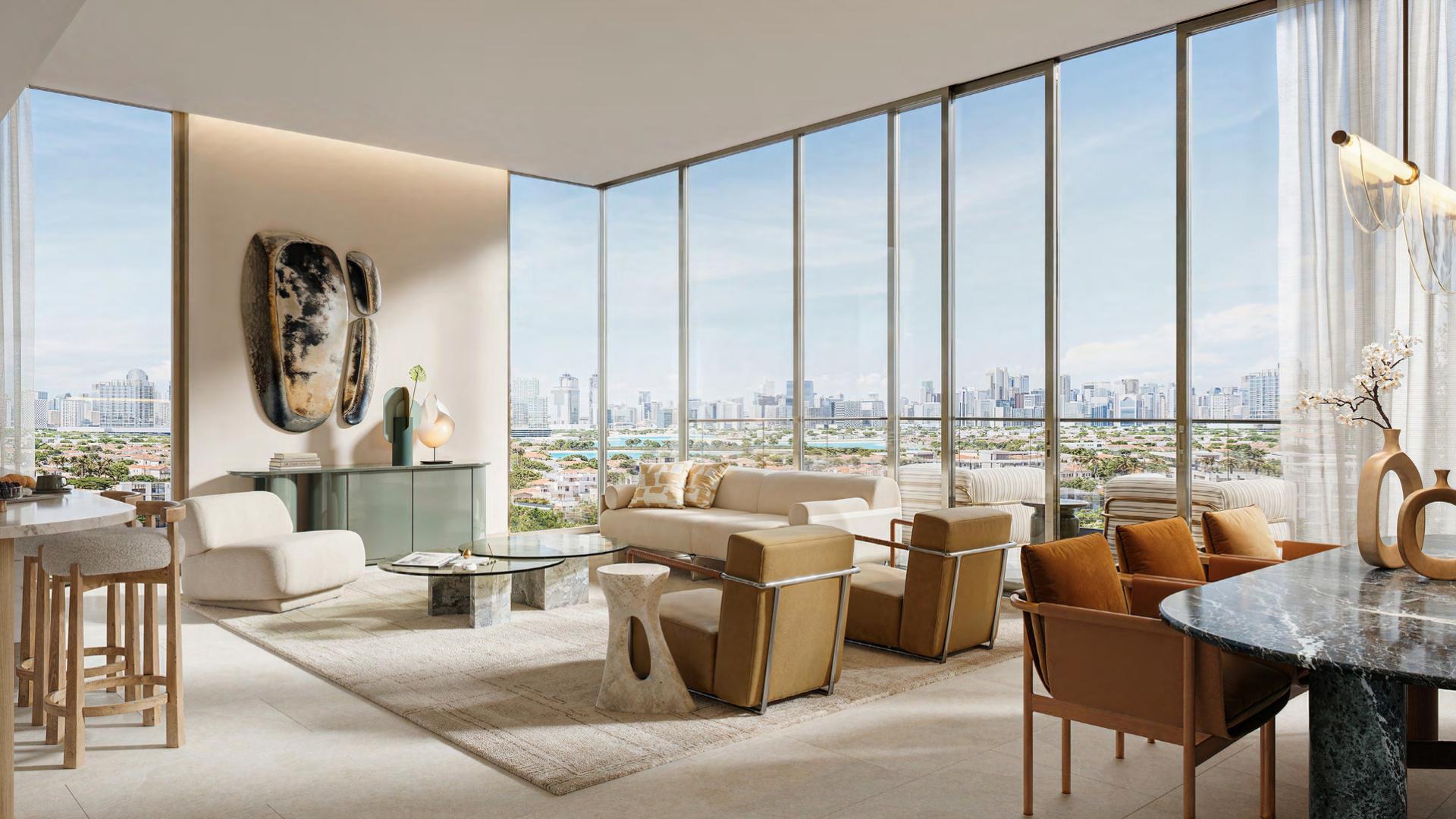 "District One Naya Residences beachfront view, 2-bedroom apartment for sale in Mohammed Bin Rashid City.",Luxurious living room in District One Naya Residences apartment with city skyline view