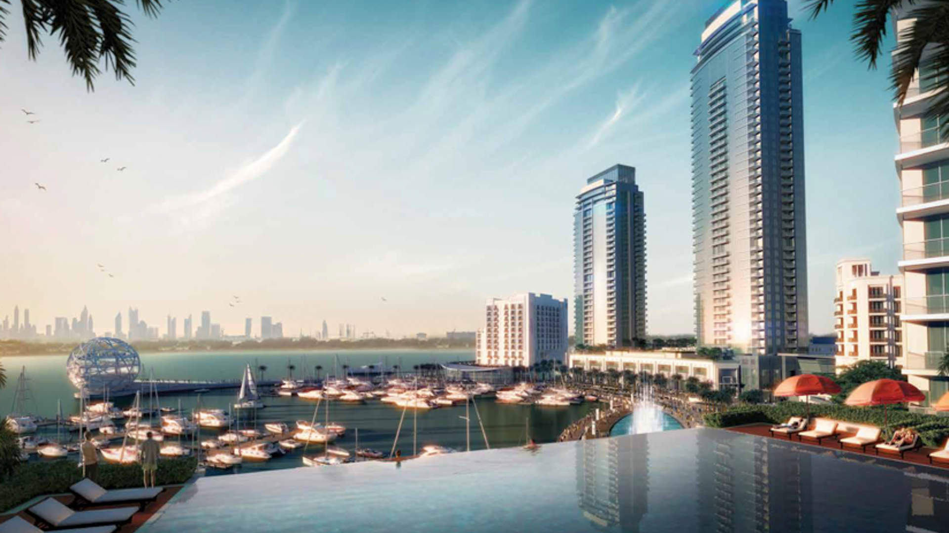 Aerial view of Dubai Creek Harbour skyline and waterfront, showcasing luxury apartments for sale