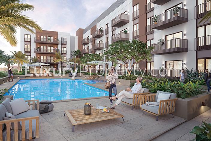 Luxury Eaton Palace apartments exterior in Jumeirah Village Circle, available for sale