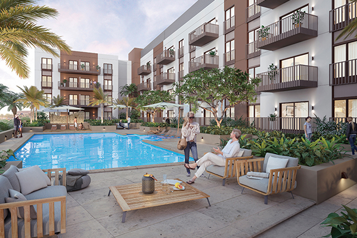 Luxury Eaton Palace apartments exterior in Jumeirah Village Circle, available for sale