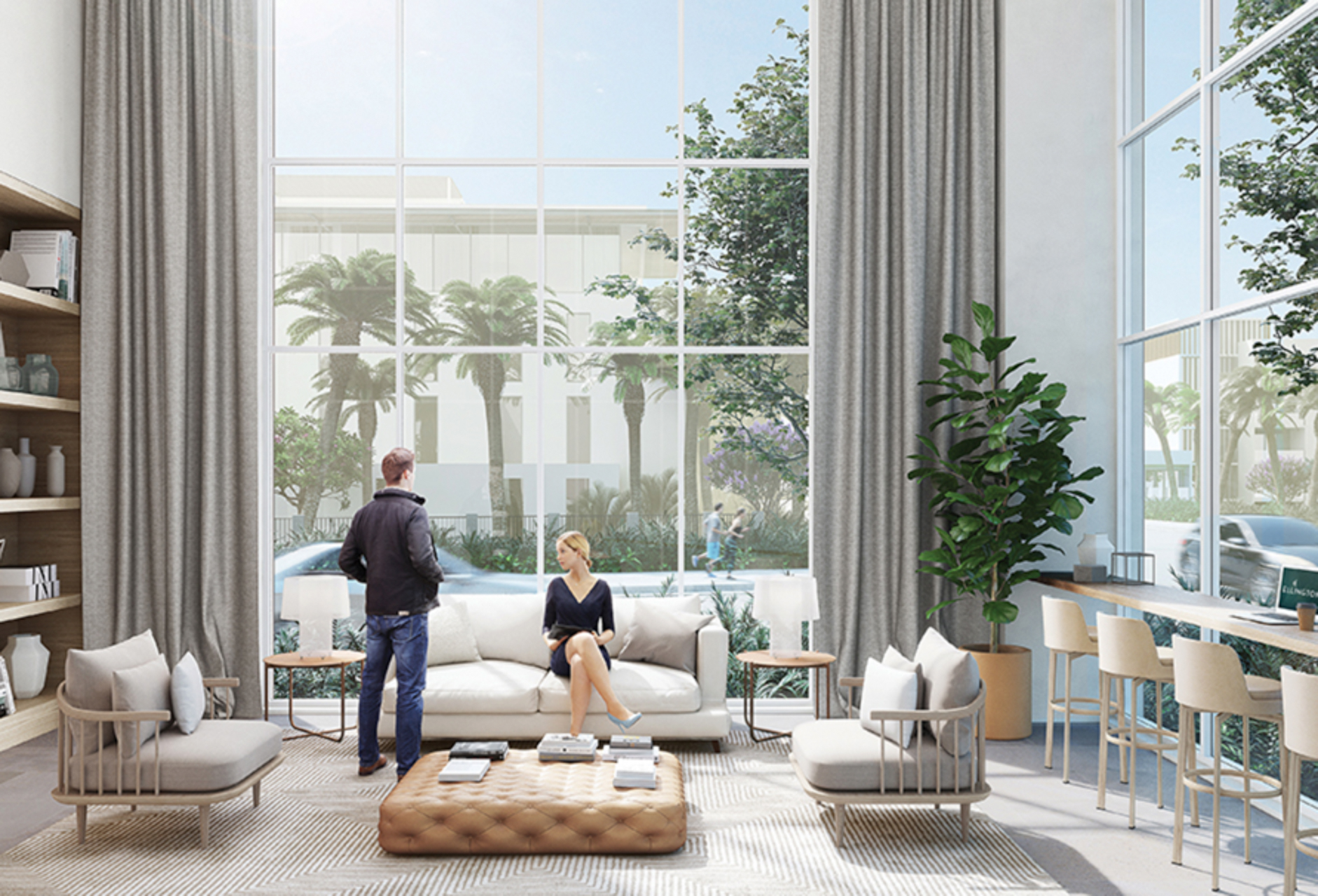 "Modern elevator lobby in Eaton Place apartment, Jumeirah Village Circle, for sale.",Stunning Eaton Place apartment lounge with large windows, modern furniture, and natural light