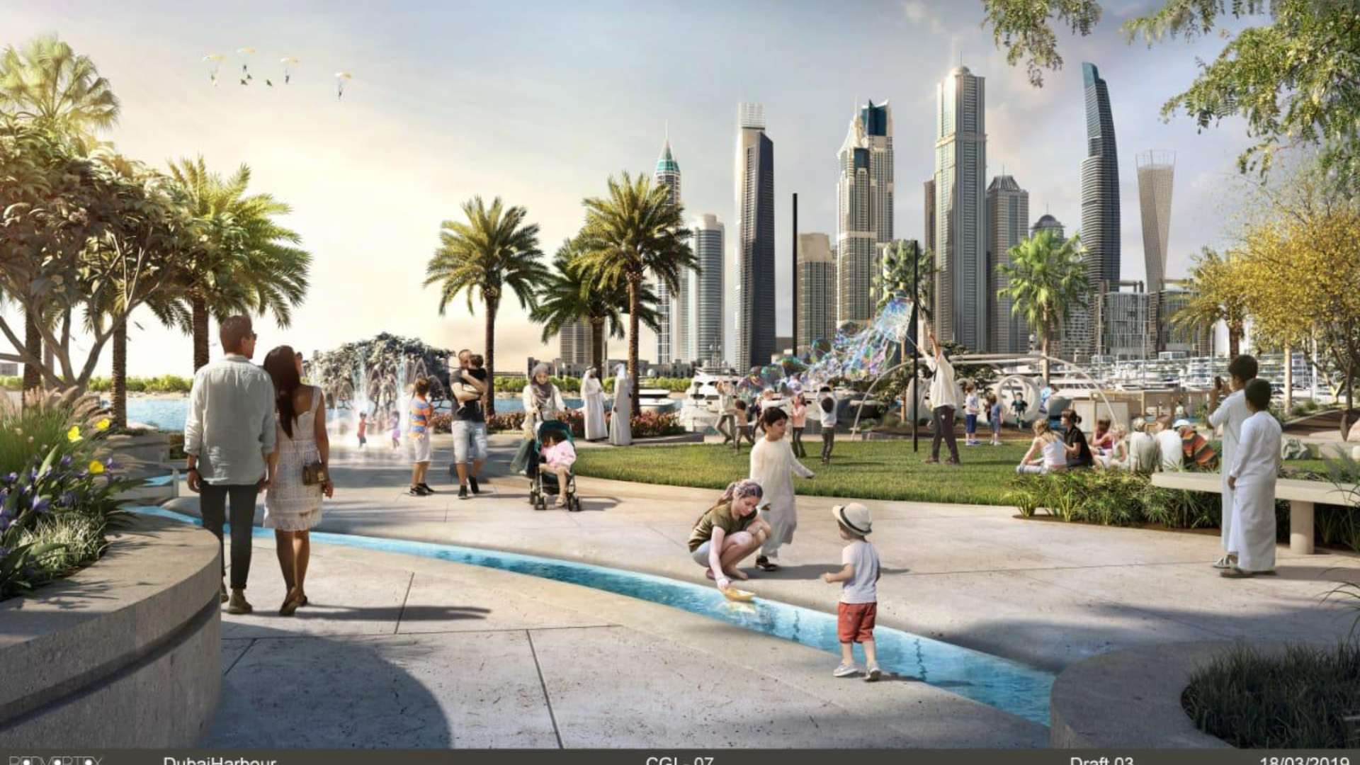 "Stunning sea view from luxury apartment balcony at Elie Saab Residences, Dubai Harbour.",People enjoying park with Dubai Harbour skyline at Emaar Beachfront, near Elie Saab Residences