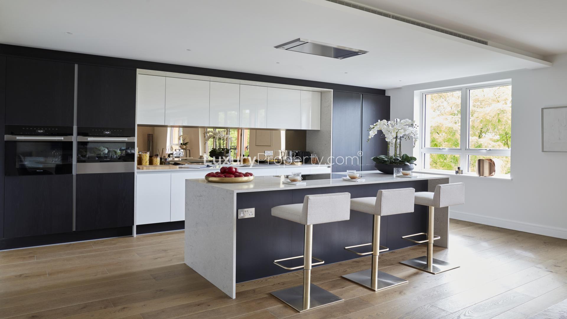 Modern kitchen and living area in 2-bedroom apartment, Elie Saab Residences, Hyde Park