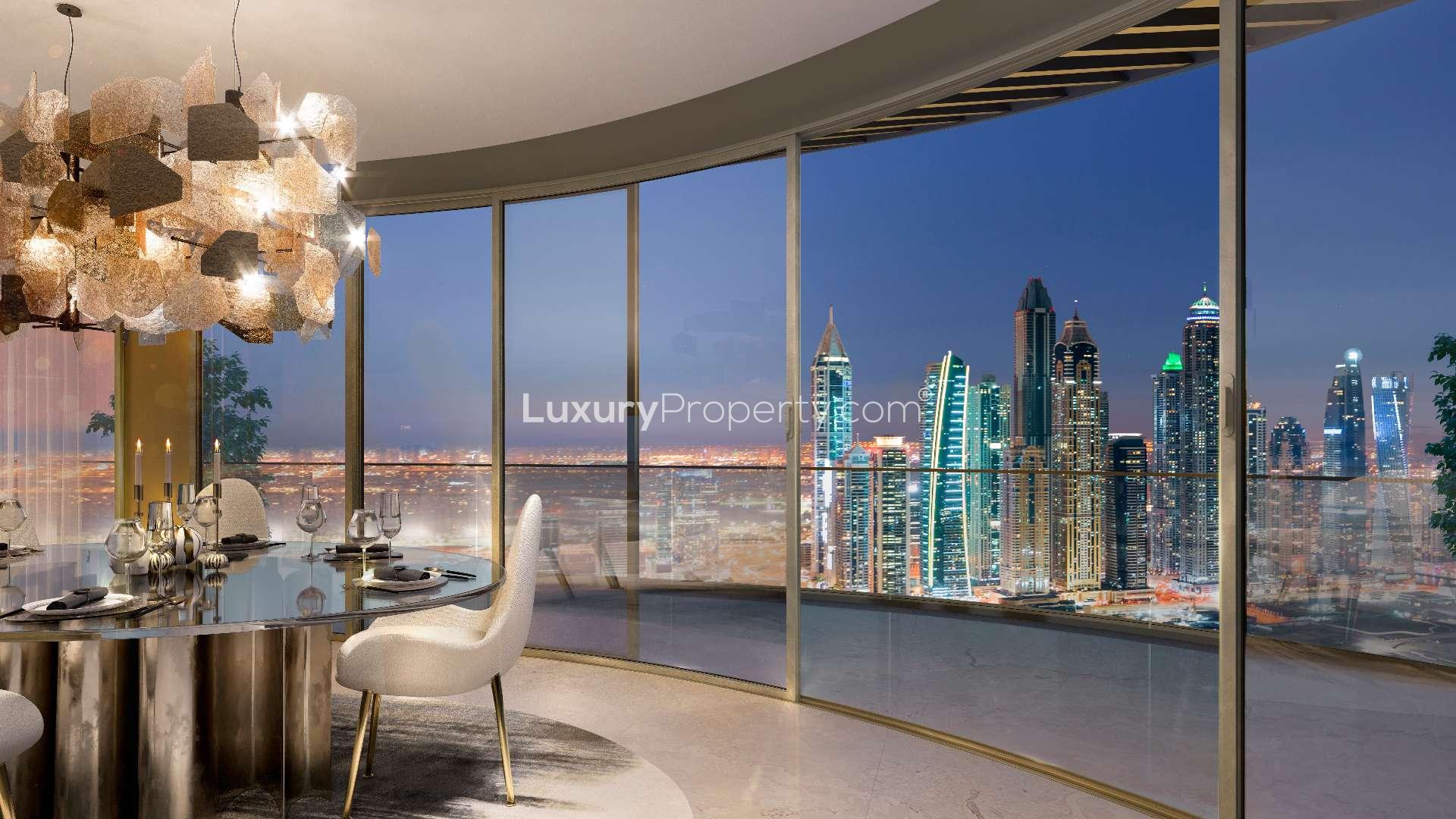 Elegant dining area with Dubai skyline view in Elie Saab Residence, Emaar Beachfront apartment