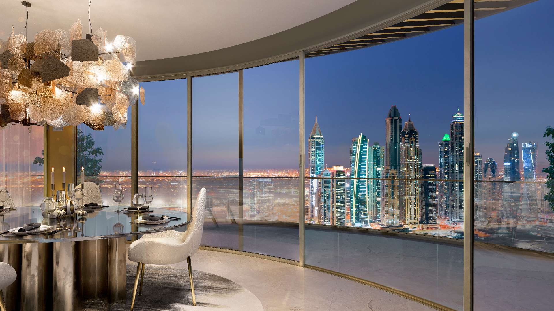 Elegant dining area with Dubai skyline view in Elie Saab Residence, Emaar Beachfront apartment