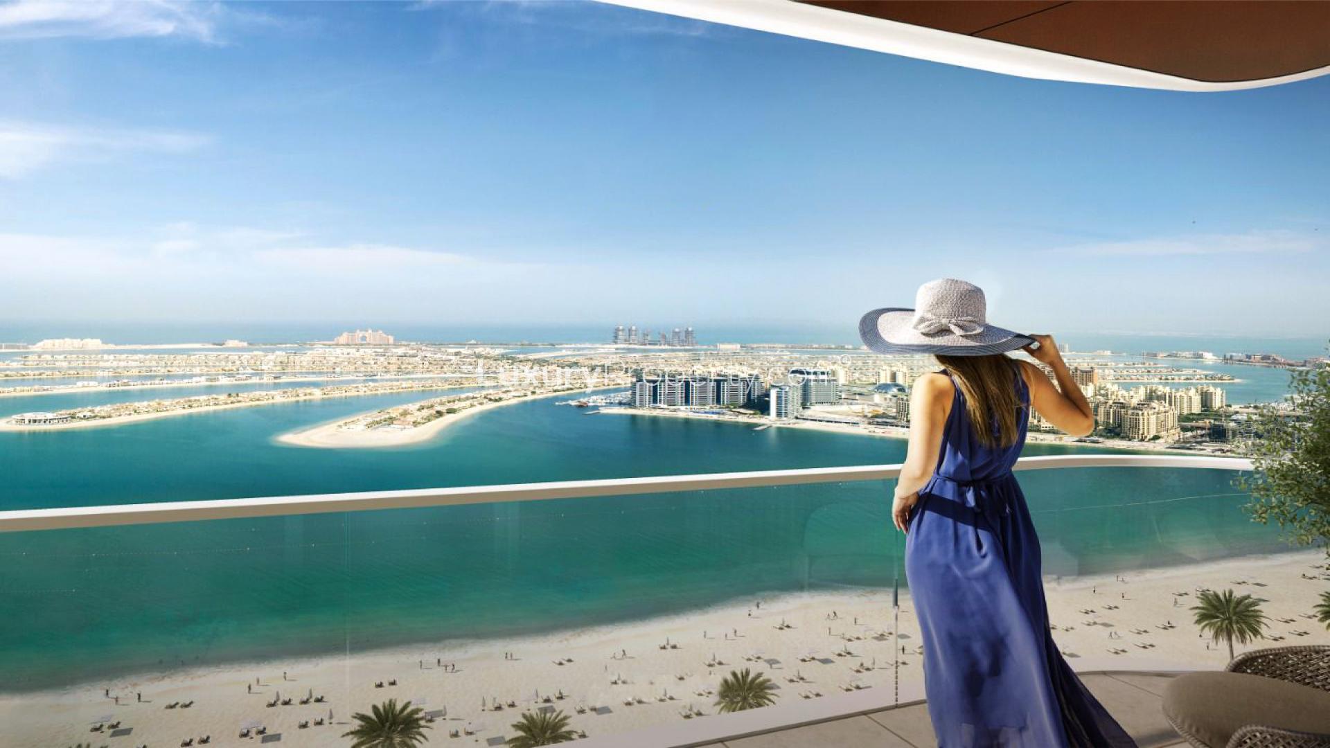 Stylish beachfront apartment living room with ocean view at Emaar Beachfront, Dubai Harbour