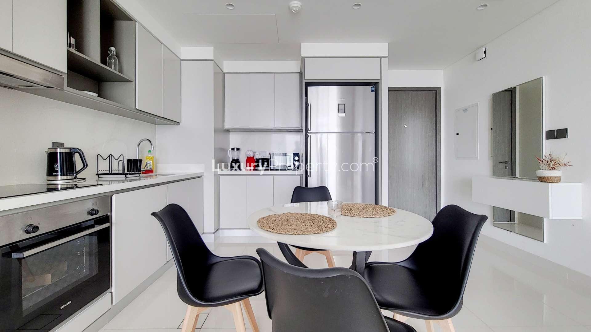 Balcony view from two-bedroom apartment in Emaar Beachfront, Dubai Harbour, overlooking the sea