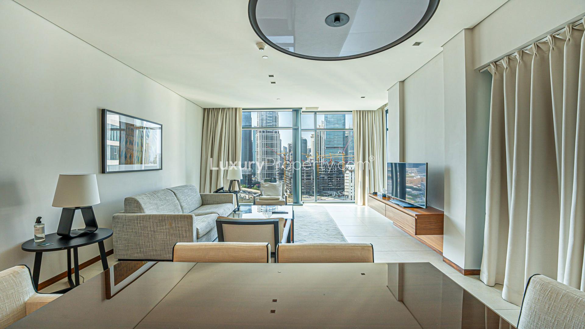 Lavish living room in Vida Residence apartment, The Hills, with stunning city views