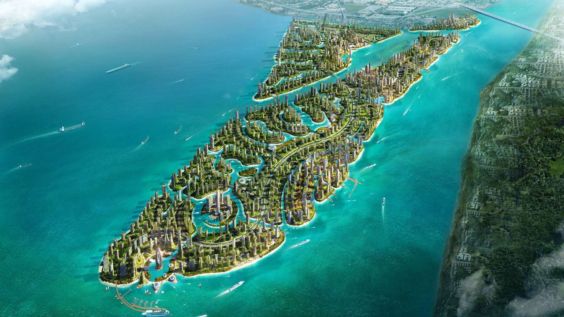 Luxurious bedroom in two-bedroom apartment, Forest City, Malaysia, with garden view