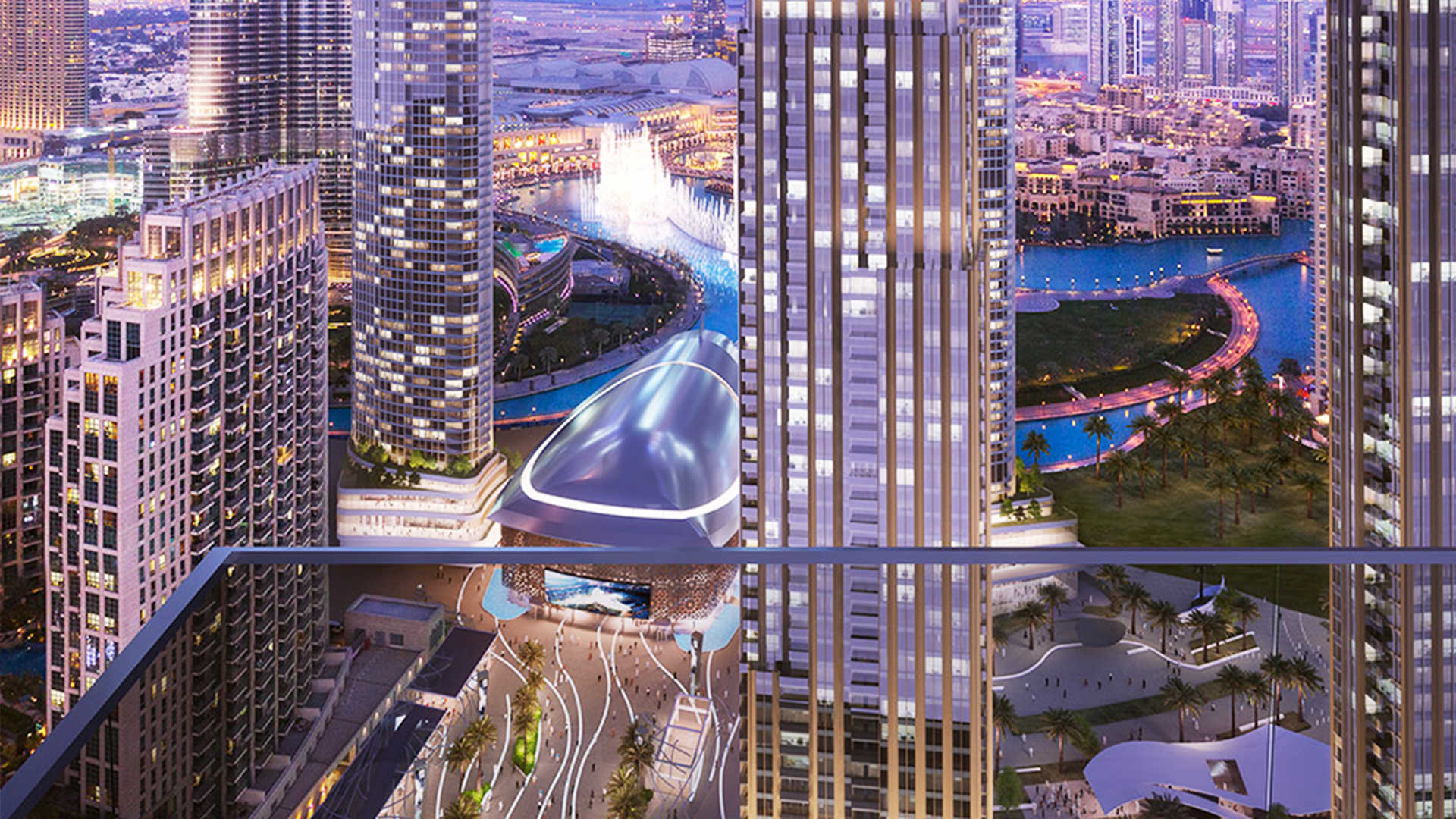 Aerial view of Downtown Dubai skyline near Dubai Opera and Forte community apartments