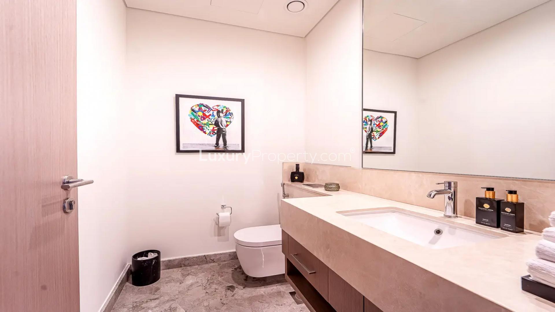 Modern furnished room with large window in upgraded Dubai Marina apartment, 23 Marina