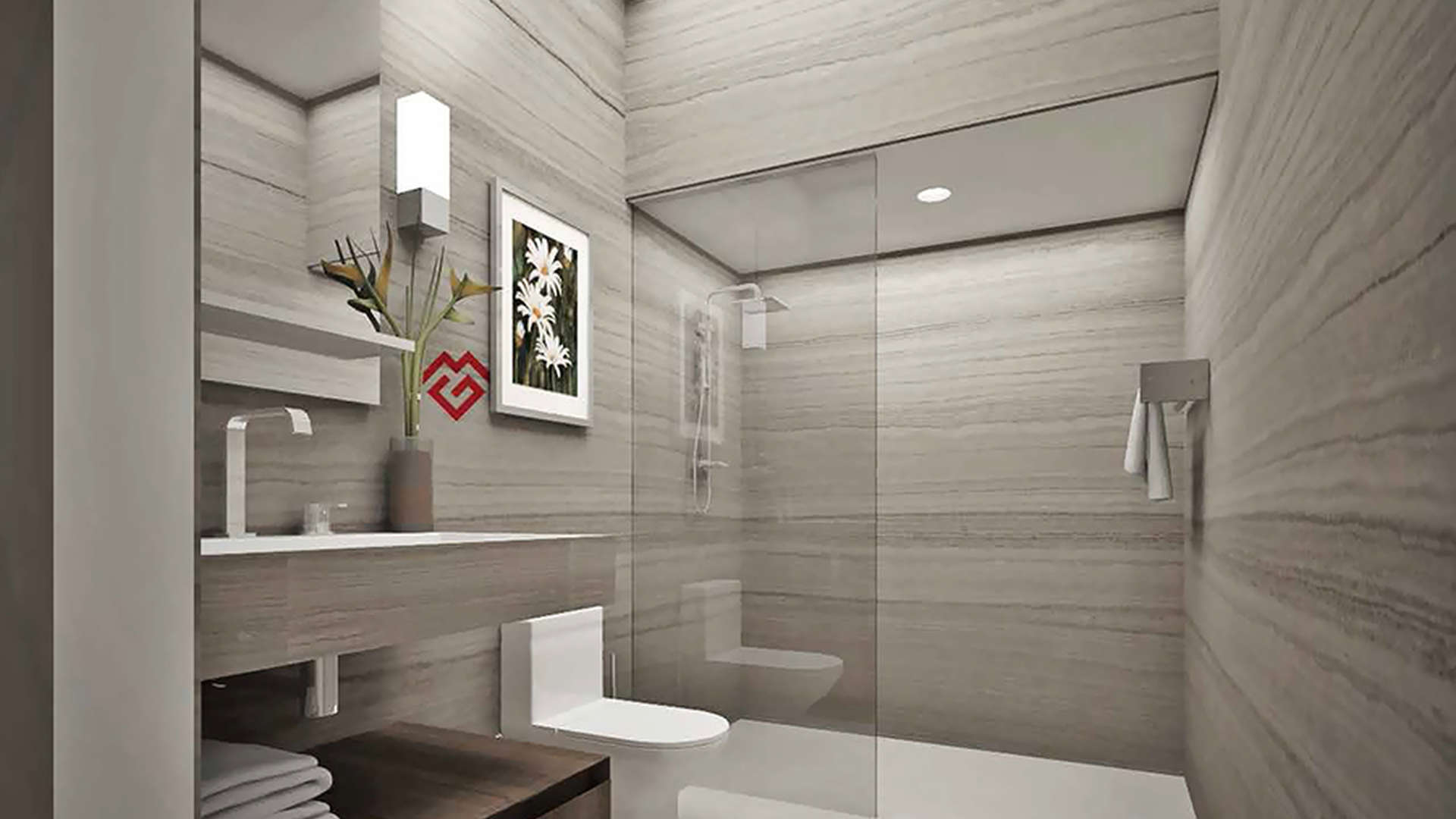Modern bathroom in Genesis, Arjan apartment with glass shower and sleek design