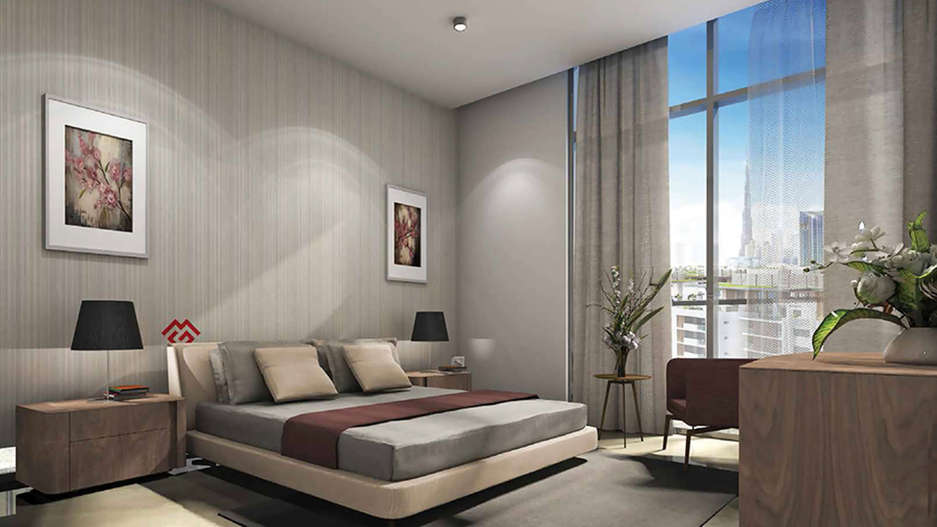 Contemporary bedroom in 2-bedroom apartment at Genesis, Arjan, Al Barsha South for sale