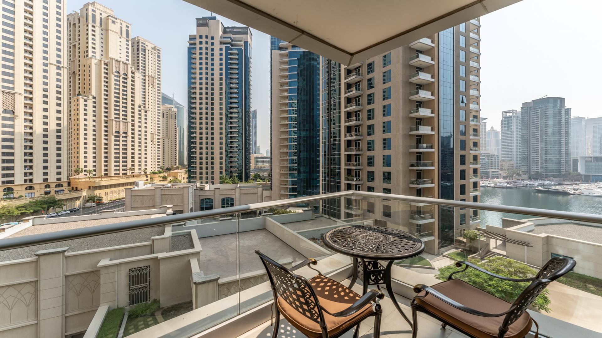 Fully furnished living room in upgraded 2-bedroom apartment, Shemara Tower, Dubai Marina