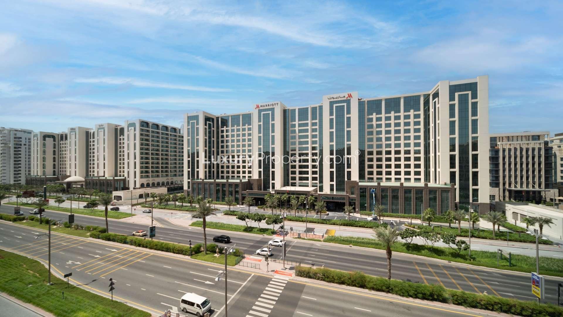 Luxurious living room in upgraded Golden Mile apartment, Palm Jumeirah, for sale