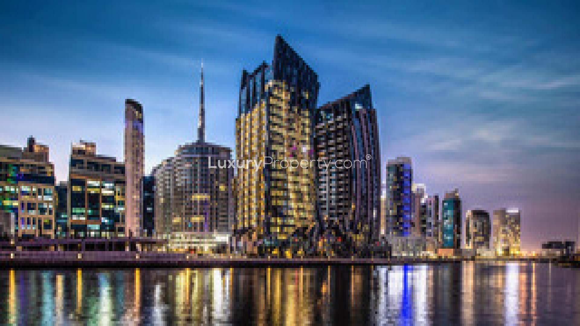 Modern living room in DaVinci Tower apartment, Business Bay, with city view