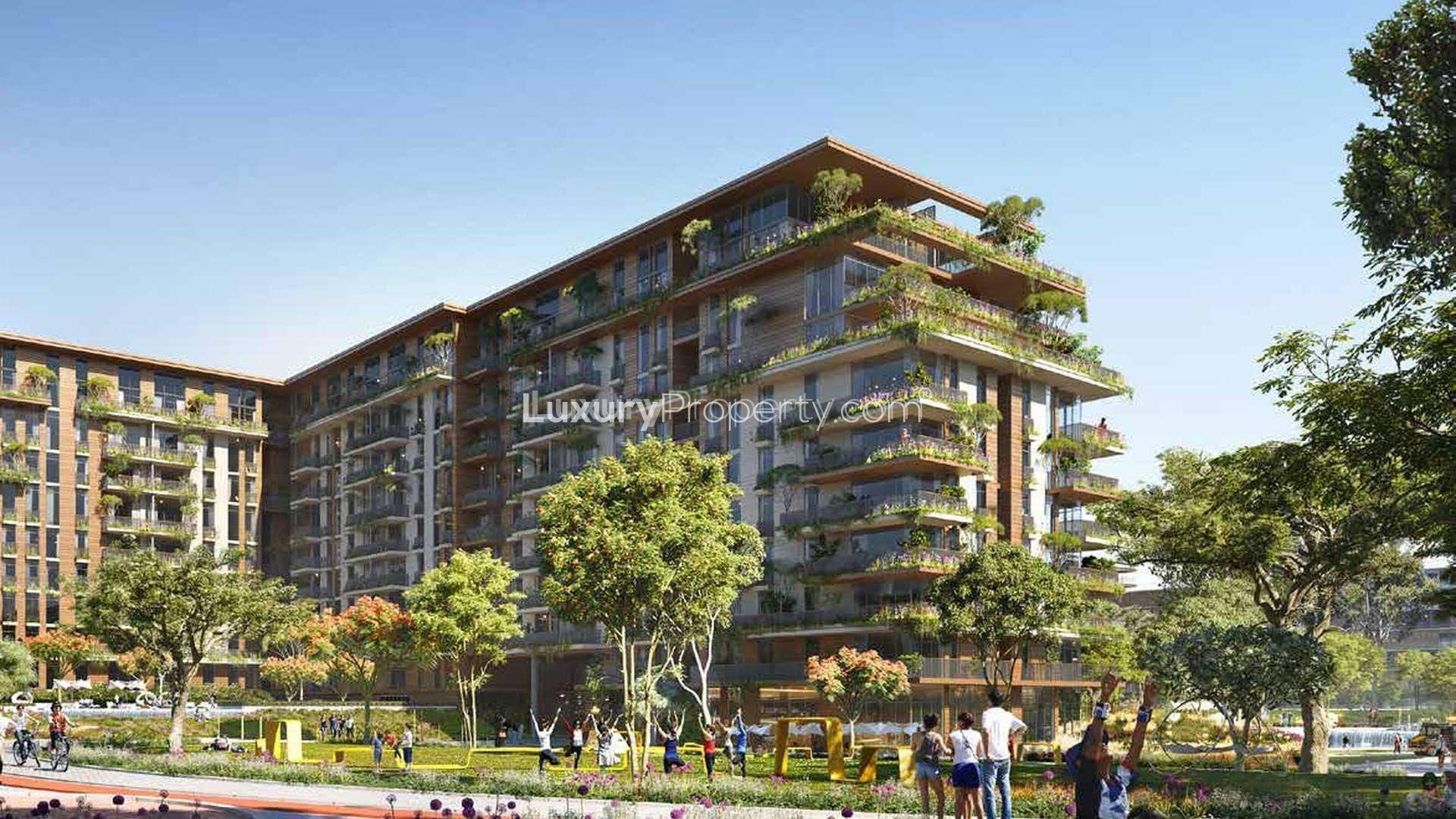 Contemporary apartment exterior with greenery at Central Park, City Walk, for sale