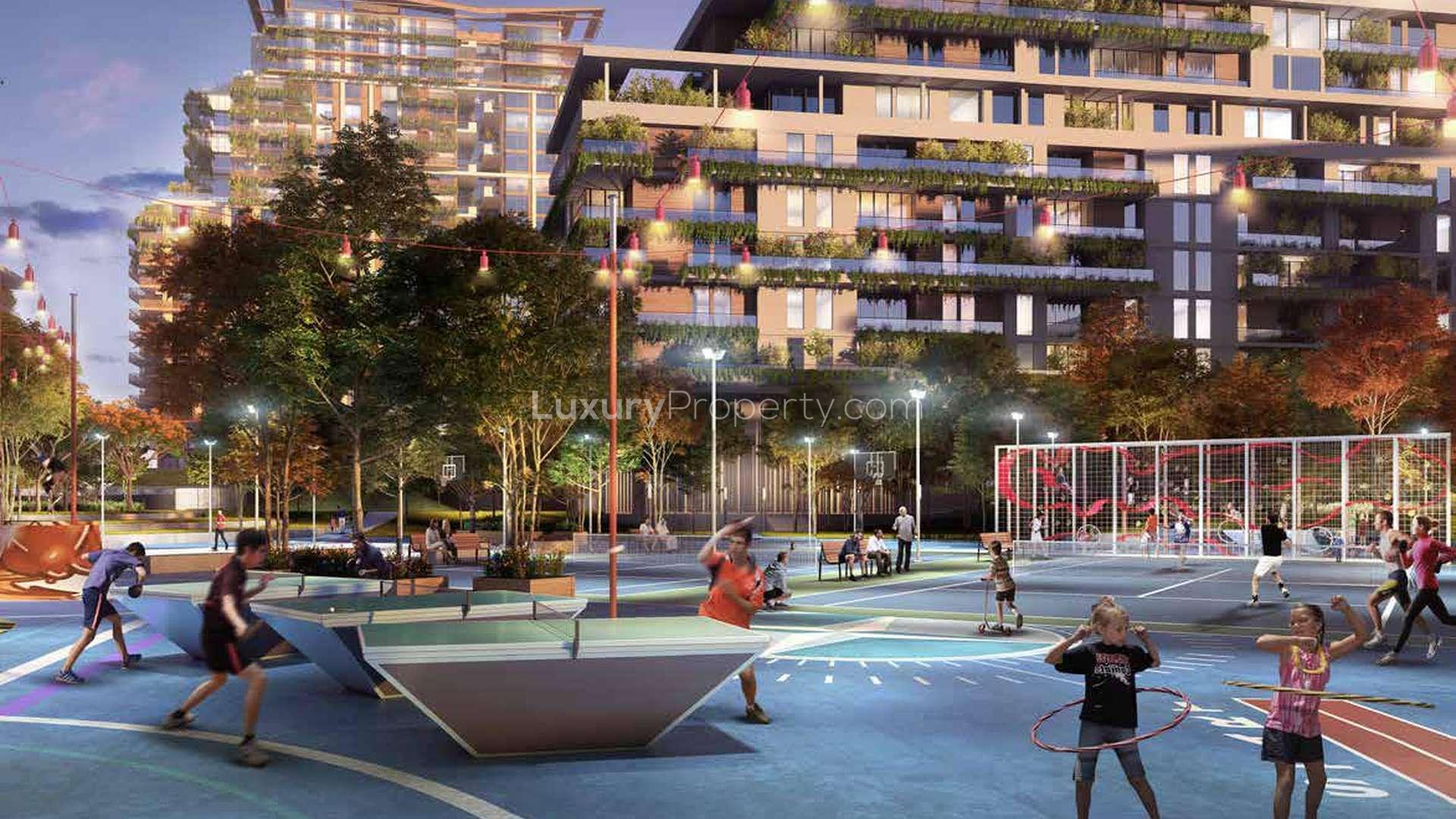 Urban elegance: Modern apartment building in Central Park, City Walk, lush greenery surrounding