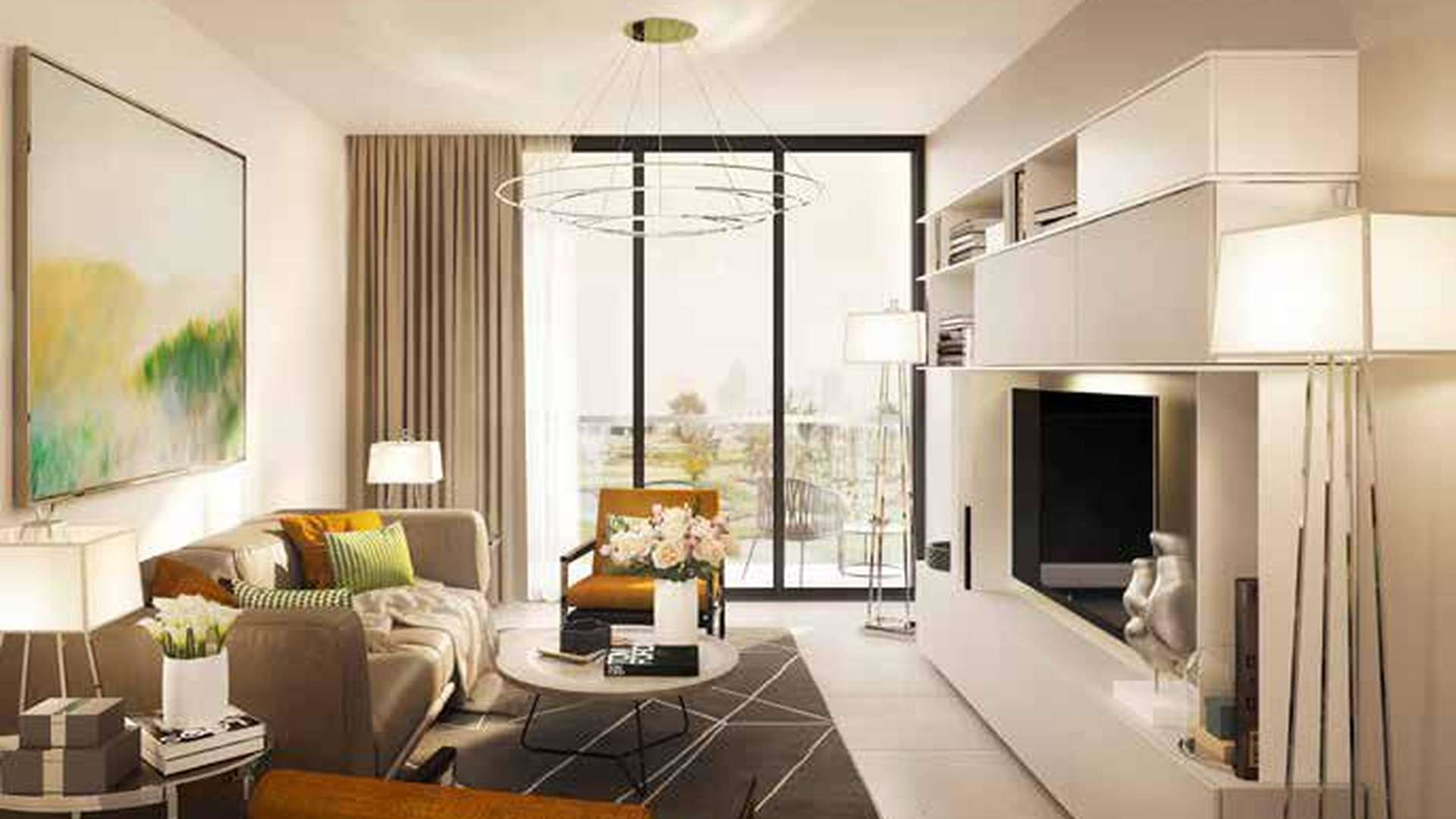 Modern living room in Golf Vita apartment, Dubailand with elegant decor and natural light