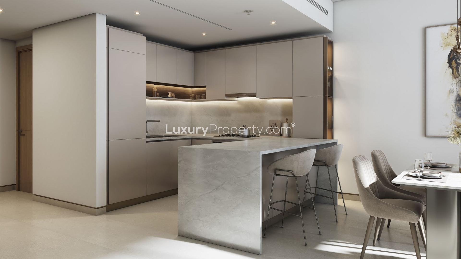 Exterior view of Skyscape AURA apartment with city skyline, Bukadra, Sobha Hartland II