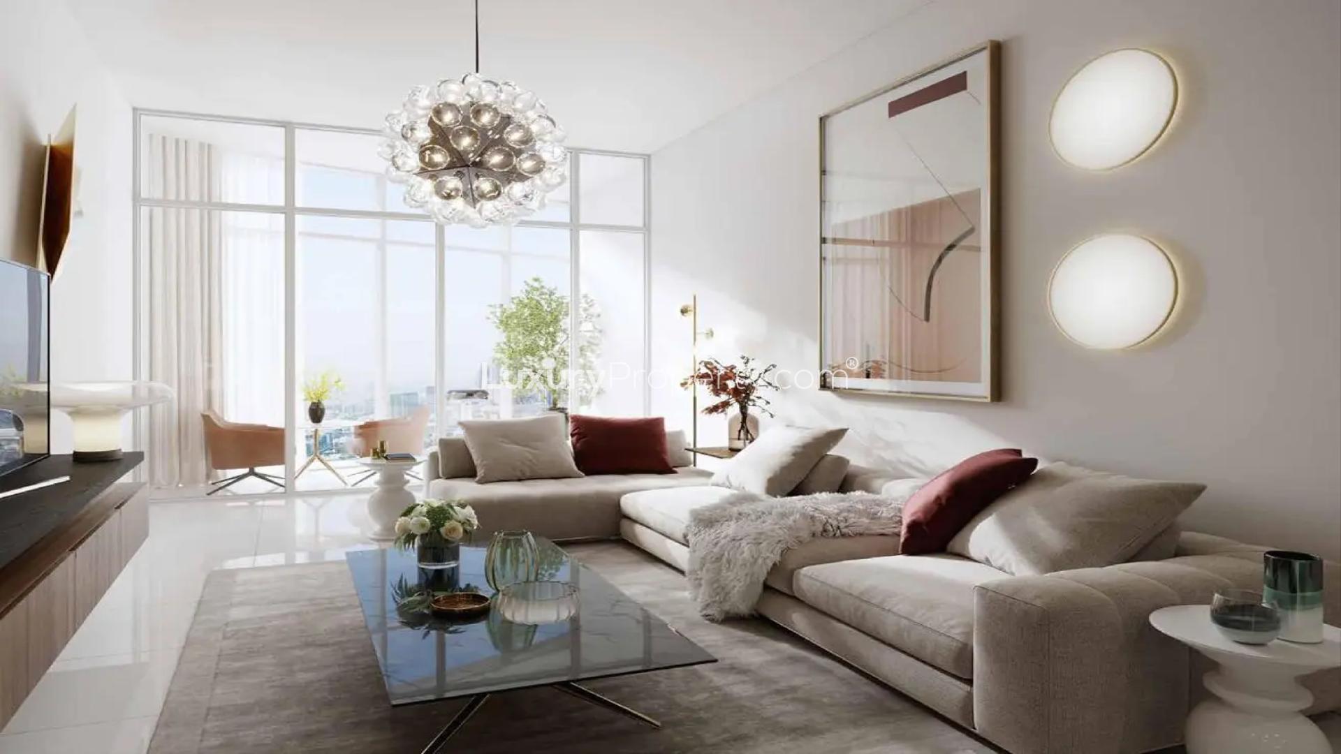 Modern living area in Al Habtoor Tower apartment, featuring stylish decor and open layout