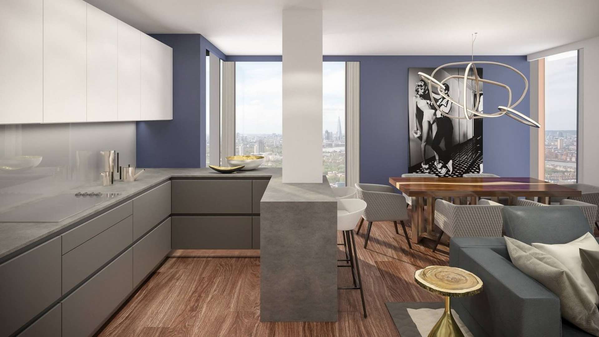 Elegant living room in Maine Tower apartment with city skyline view, Canary Wharf, London