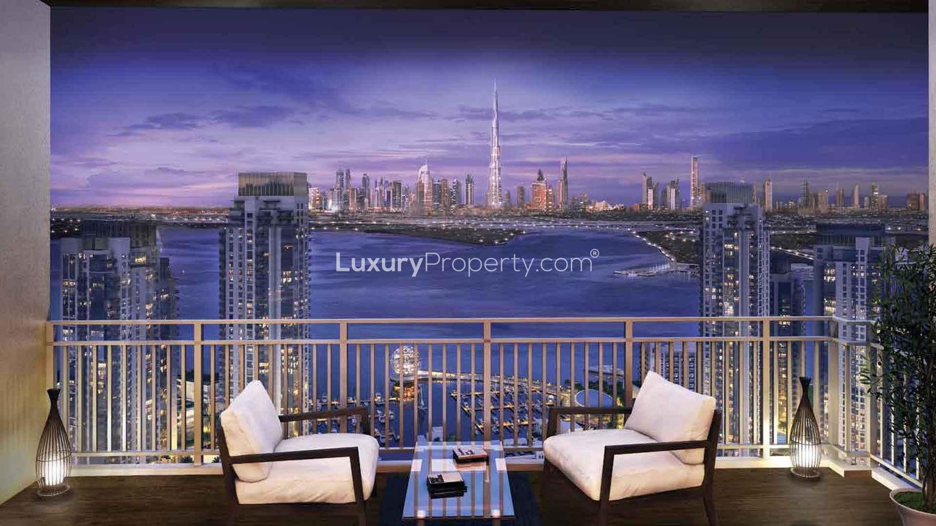 Two-bedroom apartment living room with stunning city views, Harbour Views, Dubai Creek Harbour