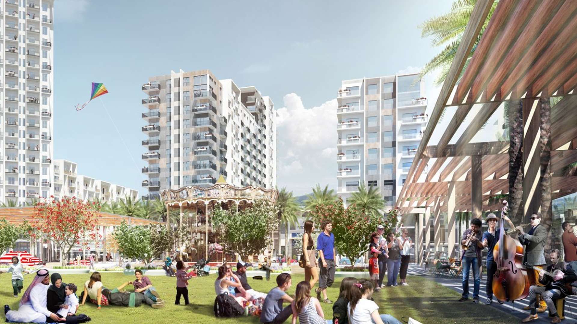 Alt text: "Vibrant community scene at Hayat Boulevard, Dubai Town Square with people enjoying outdoor activities.",Vibrant community area at Hayat Boulevard, Dubai Town Square with residents enjoying outdoor activities